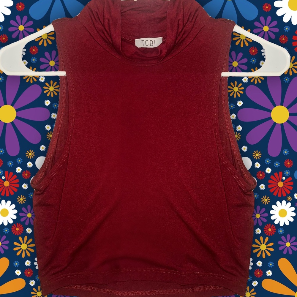 Red turtle neck halter crop top.